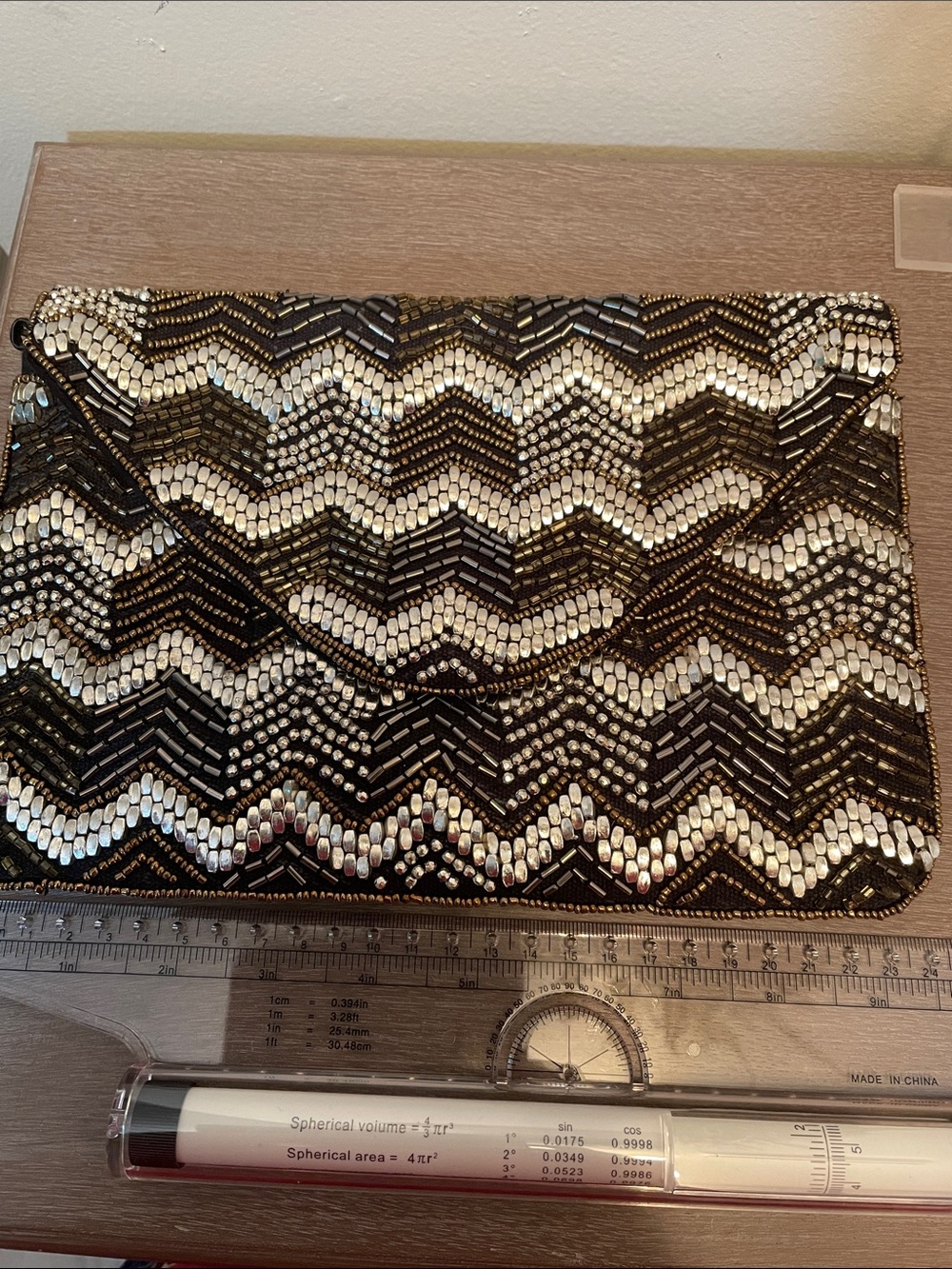Source Unknown Black & Gold Beaded Chevron Foldover Clutch